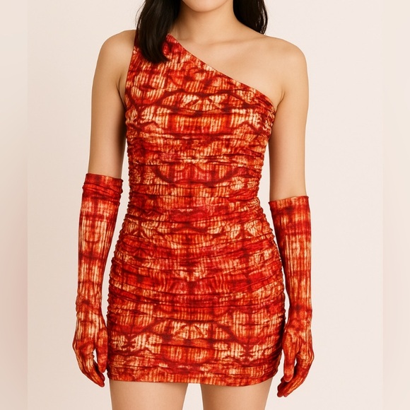 Miscreants Orange Tie Dye One Shoulder Ruched Mini Dress and Gloves NWT Size 4 - Picture 1 of 6